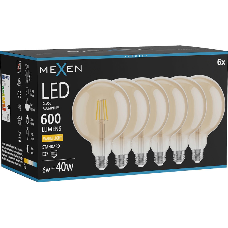 Mexen Vintis 6x LED filament lamp E27, G125, 6W, Warm - 2700K, 600 lm, amber - L158-E27-0627-50x06