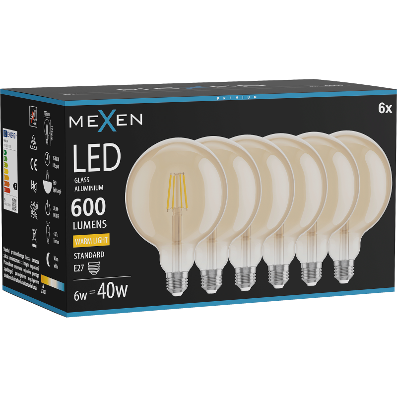 Mexen Vintis 6x LED filamenta spuldze E27, G125, 6W, Silta gaisma - 2700K, 600 lm, dzintara - L158-E27-0627-50x06