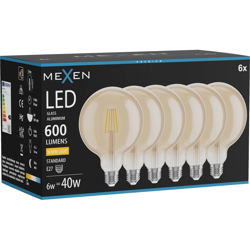 Mexen Vintis 6x LED filamentlampa E27, G125, 6W, Varm - 2700K, 600 lm, amber - L158-E27-0627-50x06
