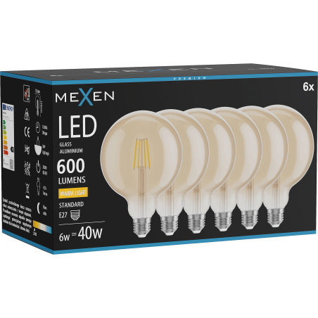 Mexen Vintis 6x Lampadina a filamento LED E27, G125, 6W, Calda - 2700K, 600 lm, ambrata - L158-E27-0627-50x06