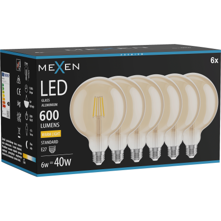 Mexen Vintis 6x LED filamenta spuldze E27, G125, 6W, Silta gaisma - 2700K, 600 lm, dzintara - L158-E27-0627-50x06