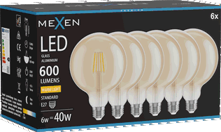 Mexen Vintis 6x LED filamenta spuldze E27, G125, 6W, Silta gaisma - 2700K, 600 lm, dzintara - L158-E27-0627-50x06