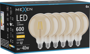 Mexen Vintis 6x LED hõõgniidiga E27 pirn, G125, 6W, Soe - 2700K, 600 lm, merevaigukollane - L158-E27-0627-50x06