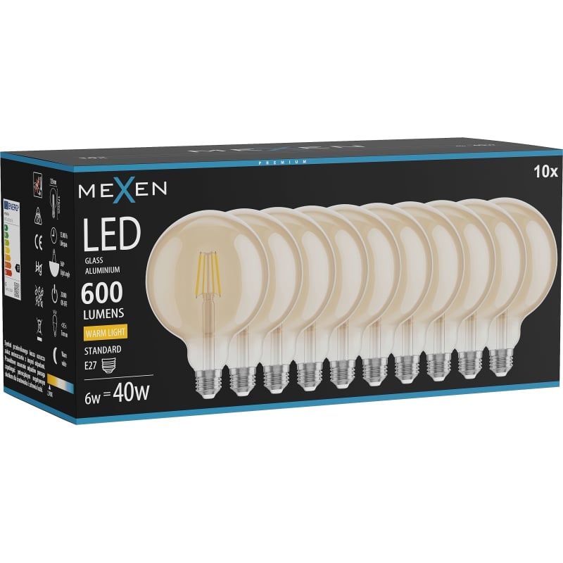 Mexen Vintis 10x Lampadina LED a filamento E27, G125, 6W, Calda - 2700K, 600 lm, ambra - L158-E27-0627-50x10