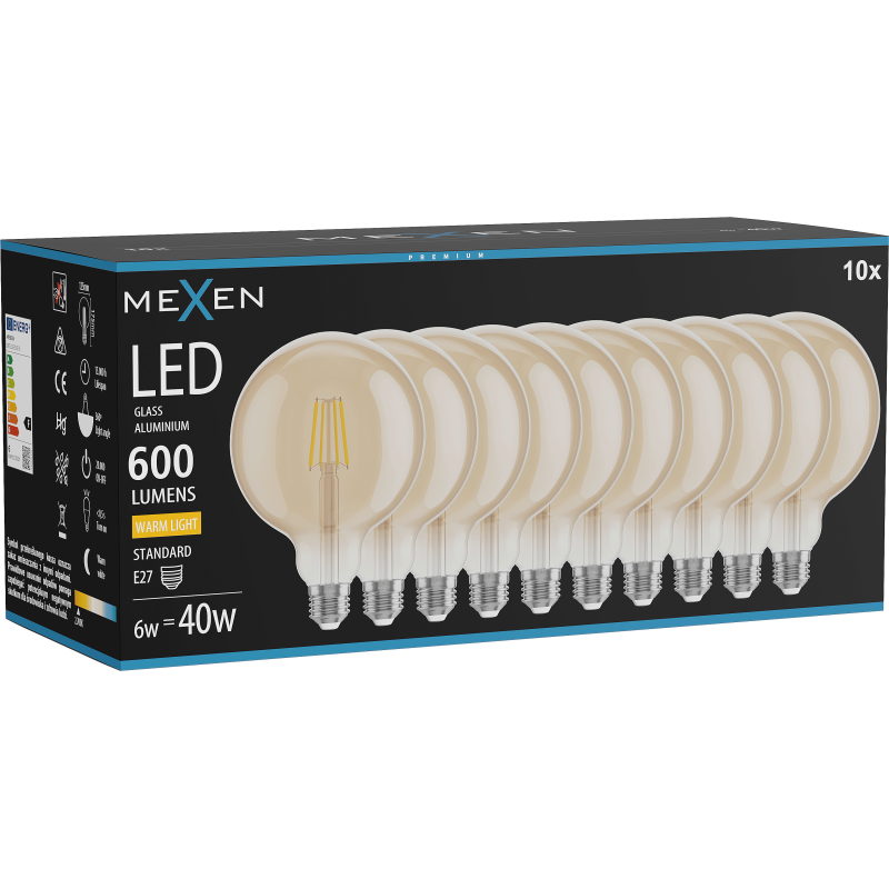 Mexen Vintis 10x LED E27 filamentu spuldze, G125, 6W, Silti - 2700K, 600 lm, dzintara - L158-E27-0627-50x10