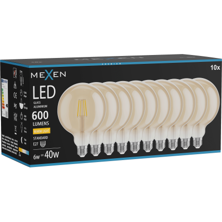 Mexen Vintis 10x LED E27 filamentu spuldze, G125, 6W, Silti - 2700K, 600 lm, dzintara - L158-E27-0627-50x10