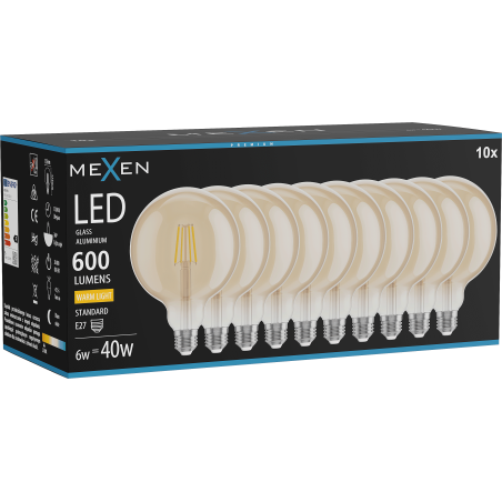 Mexen Vintis 10x LED filamentlampa E27, G125, 6W, Varm - 2700K, 600 lm, bärnsten - L158-E27-0627-50x10