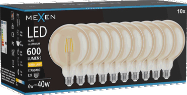 Mexen Vintis 10x LED E27 filamentu spuldze, G125, 6W, Silti - 2700K, 600 lm, dzintara - L158-E27-0627-50x10
