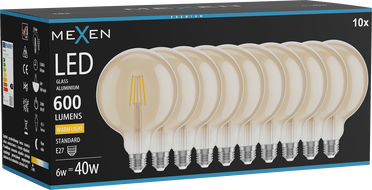 Mexen Vintis 10x LED Filament Glühbir ampoule E27, G125, 6W, Warm - 2700K, 600 lm, amber - L158-E27-0627-50x10