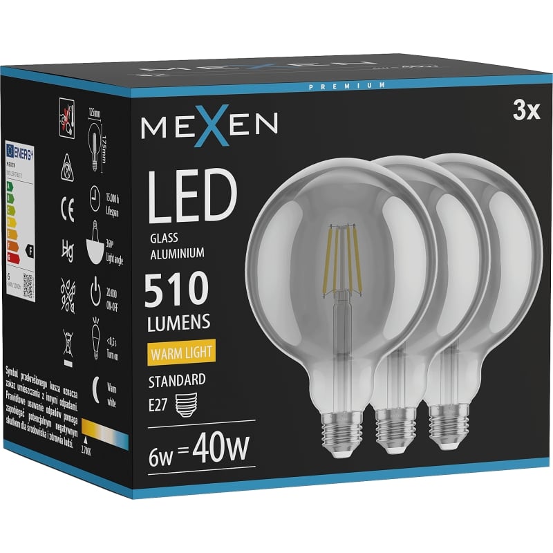 Mexen Vintis 3x Lampadina a filamento LED E27, G125, 6W, Calda - 2700K, 510 lm, smoke - L158-E27-0627-70x03
