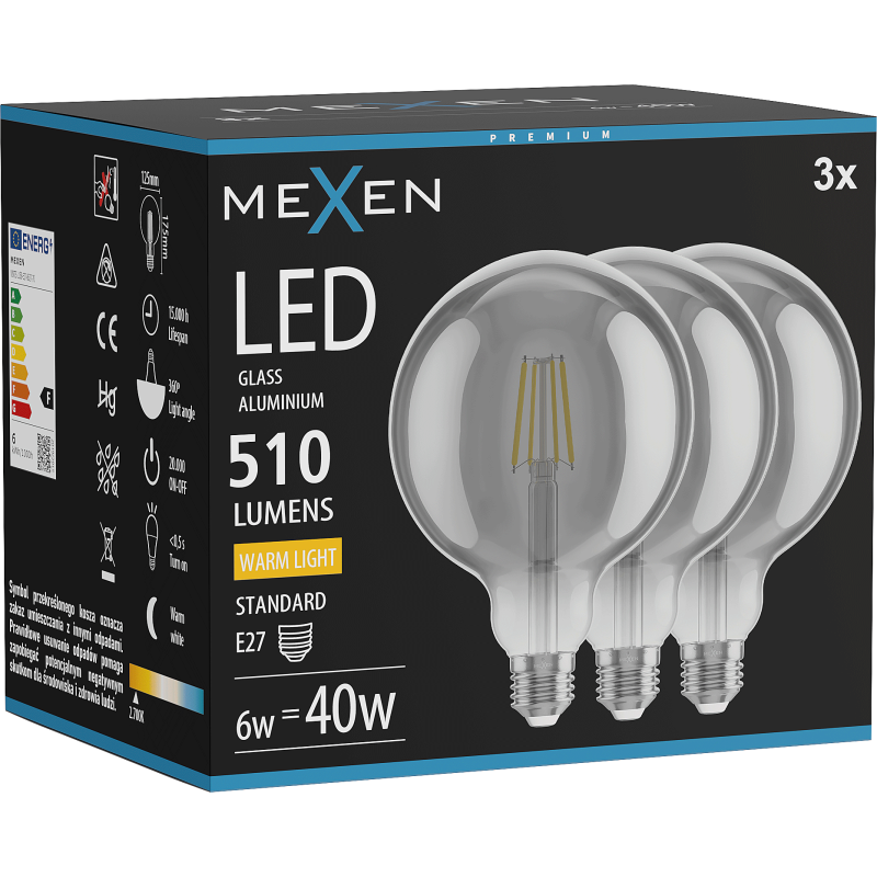 Mexen Vintis 3x LED žarnica filament E27, G125, 6W, Topla - 2700K, 510 lm, dimljena - L158-E27-0627-70x03