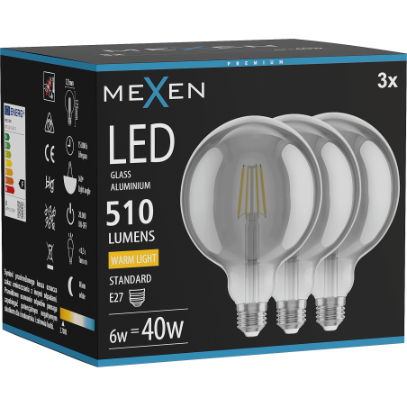 Mexen Vintis 3x Bombilla de filamento LED E27, G125, 6W, Cálida - 2700K, 510 lm, ahumado - L158-E27-0627-70x03
