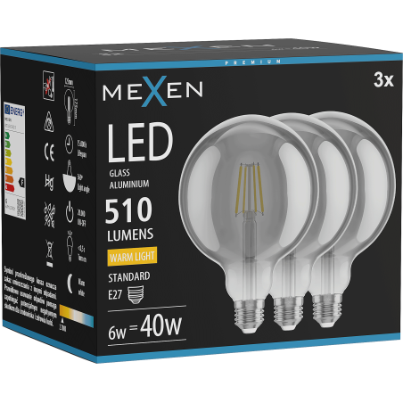 Mexen Vintis 3x LED kvēldiega spuldze E27, G125, 6W, Silta - 2700K, 510 lm, dūmakaina - L158-E27-0627-70x03