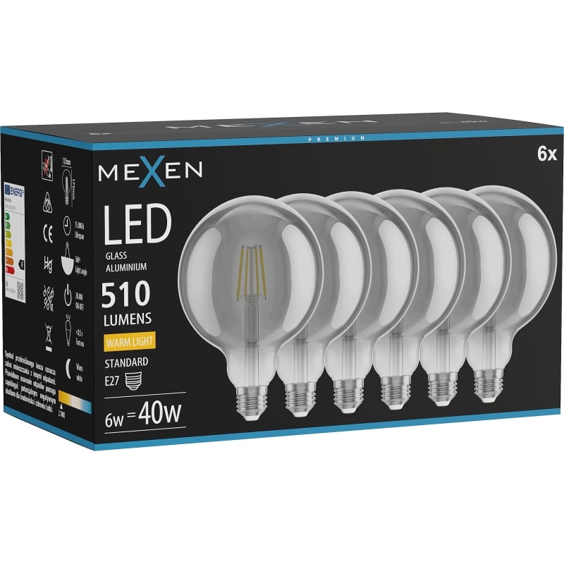 Mexen Vintis 6x Lampadina a filamento LED E27, G125, 6W, Calda - 2700K, 510 lm, smoke - L158-E27-0627-70x06
