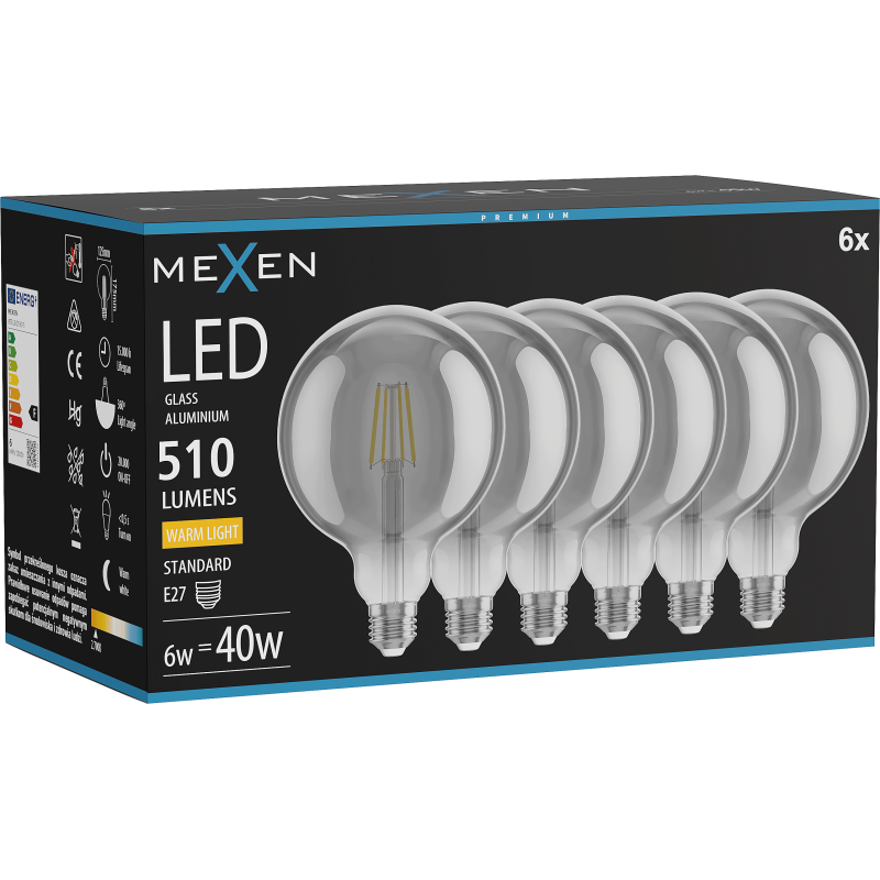 Mexen Vintis 6x LED filament bulb E27, G125, 6W, Warm - 2700K, 510 lm, smoke - L158-E27-0627-70x06
