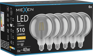 Mexen Vintis 6x Ampoule filament LED E27, G125, 6W, Chaude - 2700K, 510 lm, fumée - L158-E27-0627-70x06