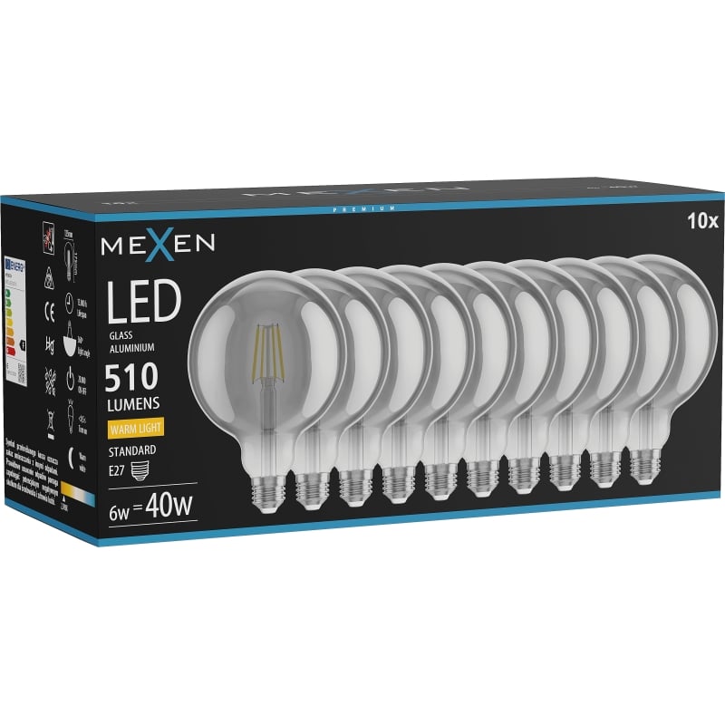 Mexen Vintis 10x żarówka filament LED E27, G125, 6W, Ciepła - 2700K, 510 lm, smoke - L158-E27-0627-70x10