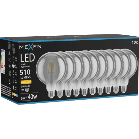Mexen Vintis 10x Ampoule filament LED E27, G125, 6W, Chaude - 2700K, 510 lm, fumée - L158-E27-0627-70x10