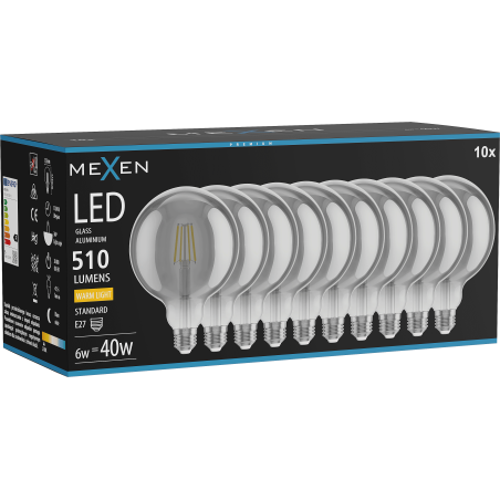 Mexen Vintis 10x lampadina a filamento LED E27, G125, 6W, Calda - 2700K, 510 lm, smoke - L158-E27-0627-70x10