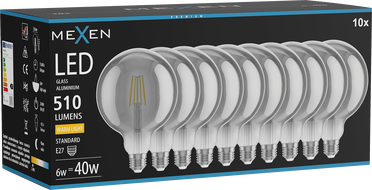 Mexen Vintis 10x LED filament žarulja E27, G125, 6W, Topla - 2700K, 510 lm, dimljena - L158-E27-0627-70x10