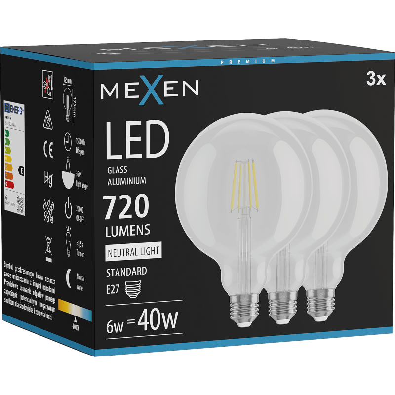 Mexen Vintis 3x filamentna LED žarnica E27, G125, 6W, Nevtralna - 4000K, 720 lm, clear - L158-E27-0640-00x03