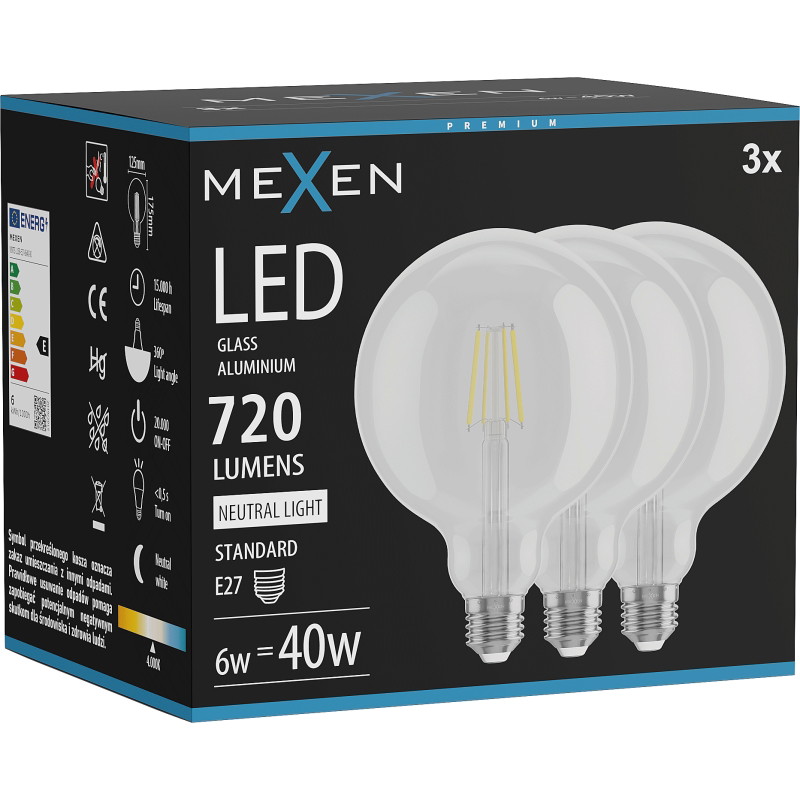 Mexen Vintis 3x LED-Filamentlampe E27, G125, 6W, Neutral - 4000K, 720 lm, klar - L158-E27-0640-00x03