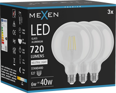 Mexen Vintis 3x LED-Filamentlampe E27, G125, 6W, Neutral - 4000K, 720 lm, klar - L158-E27-0640-00x03