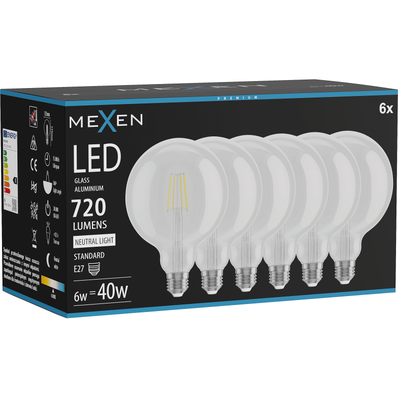 Mexen Vintis 6x LED diegu spuldze E27, G125, 6W, Neitrāla - 4000K, 720 lm, caurspīdīga - L158-E27-0640-00x06