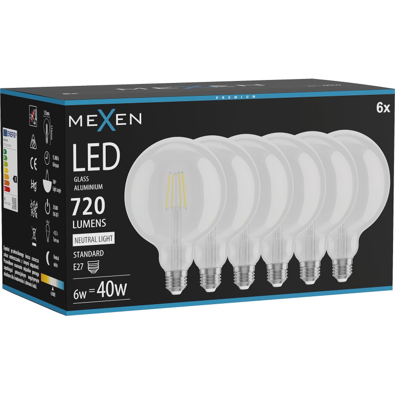 Mexen Vintis 6x żarówka filament LED E27, G125, 6W, Neutralna - 4000K, 720 lm, clear - L158-E27-0640-00x06