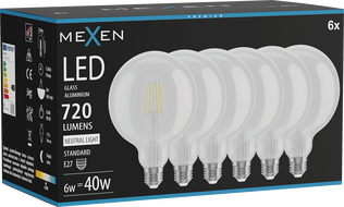 Mexen Vintis 6x LED diegu spuldze E27, G125, 6W, Neitrāla - 4000K, 720 lm, caurspīdīga - L158-E27-0640-00x06