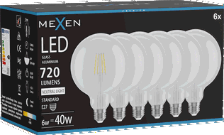 Mexen Vintis 6x LED filamentlamp E27, G125, 6W, Neutraal - 4000K, 720 lm, helder - L158-E27-0640-00x06