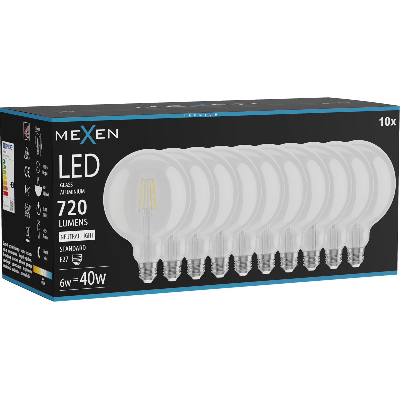 Mexen Vintis 10x LED-filamenttilamppu E27, G125, 6W, Neutraali - 4000K, 720 lm, kirkas - L158-E27-0640-00x10