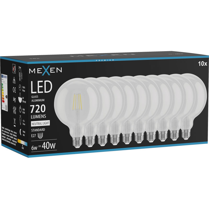 Mexen Vintis 10x LED kvēldiega spuldze E27, G125, 6W, Neitrāla - 4000K, 720 lm, caurspīdīga - L158-E27-0640-00x10