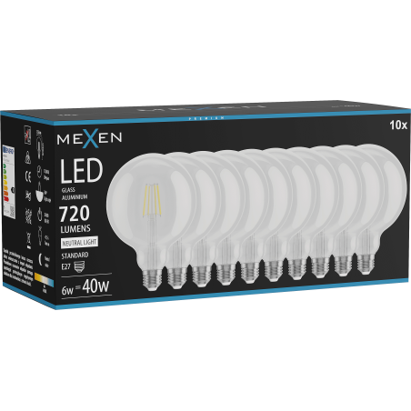 Mexen Vintis 10x żarówka filament LED E27, G125, 6W, Neutralna - 4000K, 720 lm, clear - L158-E27-0640-00x10