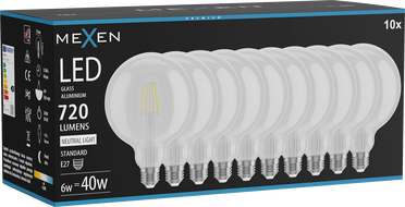 Mexen Vintis 10x Λάμπα νήματος LED E27, G125, 6W, Ουδέτερη - 4000K, 720 lm, διαυγής