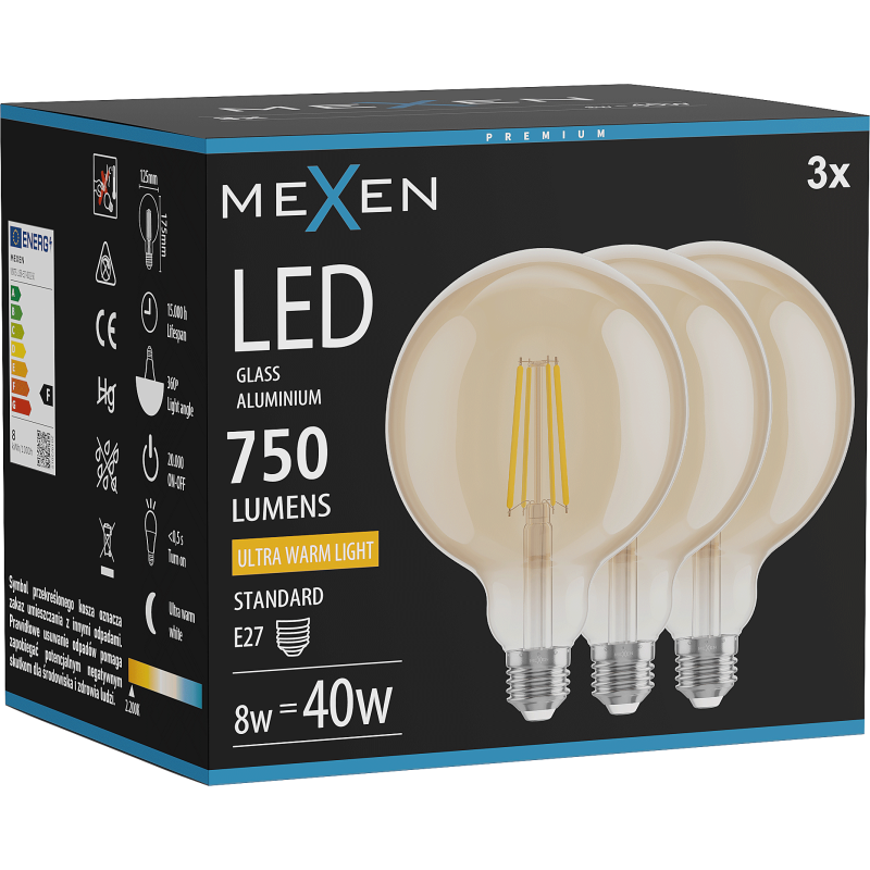 Mexen Vintis 3x żarówka filament LED E27, G125, 8W, Ciepła - 2200K, 750 lm, amber - L158-E27-0822-50x03