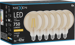 Mexen Vintis 6x LED filamentna žarnica E27, G125, 8W, Topla - 2200K, 750 lm, jantar - L158-E27-0822-50x06