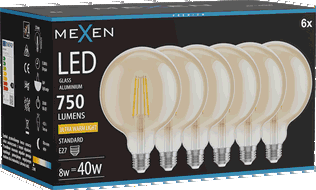 Mexen Vintis 6x LED kvēlspuldze E27, G125, 8W, Silta - 2200K, 750 lm, dzintars - L158-E27-0822-50x06