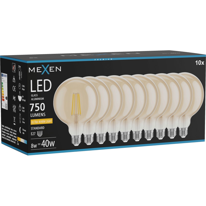 Mexen Vintis 10x Lampadina a filamento LED E27, G125, 8W, Calda - 2200K, 750 lm, ambra - L158-E27-0822-50x10