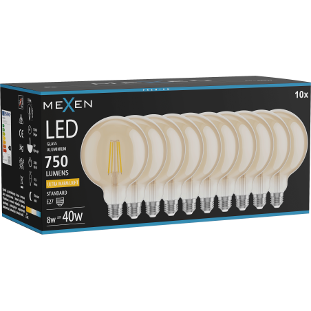 Mexen Vintis 10x Lampadina a filamento LED E27, G125, 8W, Calda - 2200K, 750 lm, ambra - L158-E27-0822-50x10
