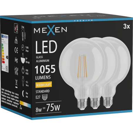 Mexen Vintis 3x Λάμπα filament LED E27, G125, 8W, Ζεστό - 2700K, 1055 lm, διαφανές - L158-E27-0827-00x03