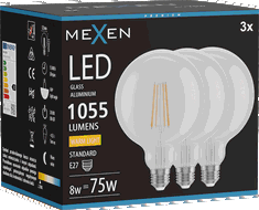 Mexen Vintis 3x Diegu filamenta LED E27, G125, 8W, Silta - 2700K, 1055 lm, caurspīdīgs - L158-E27-0827-00x03