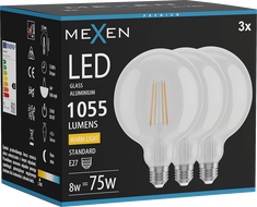 Mexen Vintis 3x Filament LED pirn E27, G125, 8W, Soe - 2700K, 1055 lm, läbipaistav - L158-E27-0827-00x03