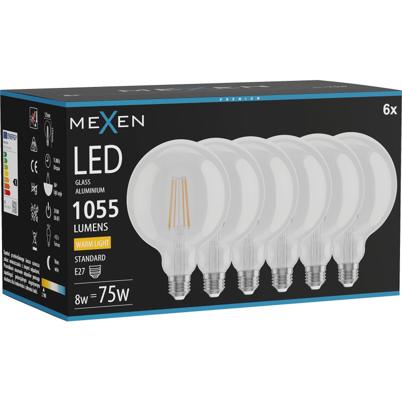 Mexen Vintis 6x Filament LED-gloeilamp E27, G125, 8W, Warm - 2700K, 1055 lm, helder - L158-E27-0827-00x06