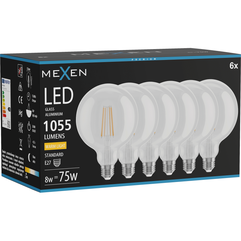 Mexen Vintis 6x Vītņu LED spuldze E27, G125, 8W, Silta - 2700K, 1055 lm, caurspīdīga - L158-E27-0827-00x06