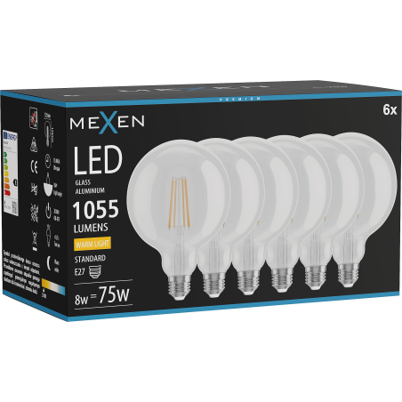 Mexen Vintis 6x Lampadina LED a filamento E27, G125, 8W, Calda - 2700K, 1055 lm, trasparente - L158-E27-0827-00x06