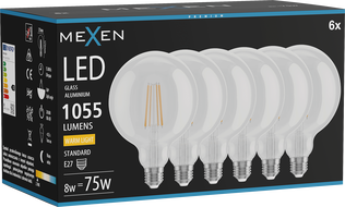 Mexen Vintis 6x Ampoule filament LED E27, G125, 8W, Chaude - 2700K, 1055 lm, transparente - L158-E27-0827-00x06