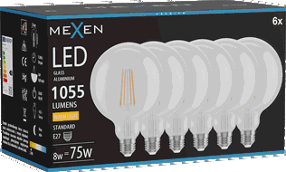 Mexen Vintis 6x Vītņu LED spuldze E27, G125, 8W, Silta - 2700K, 1055 lm, caurspīdīga - L158-E27-0827-00x06