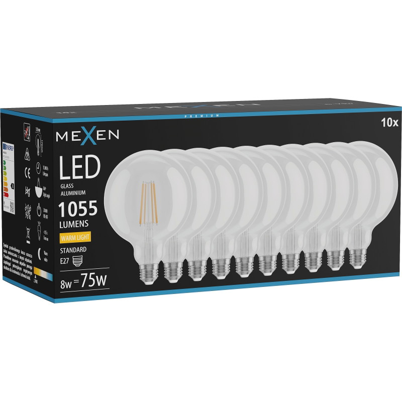 Mexen Vintis 10x LED filament gloeilamp E27, G125, 8W, Warm - 2700K, 1055 lm, helder - L158-E27-0827-00x10