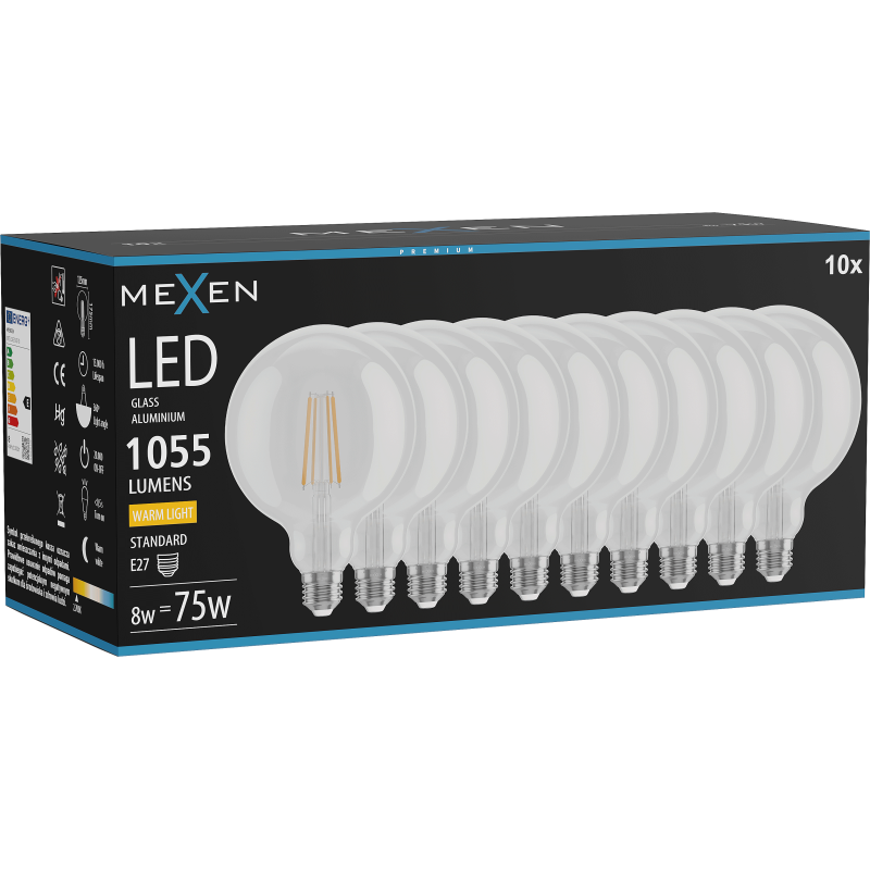 Mexen Vintis 10x LED Filament Glühbir Liichtquell E27, G125, 8W, Warm - 2700K, 1055 lm, kloer - L158-E27-0827-00x10